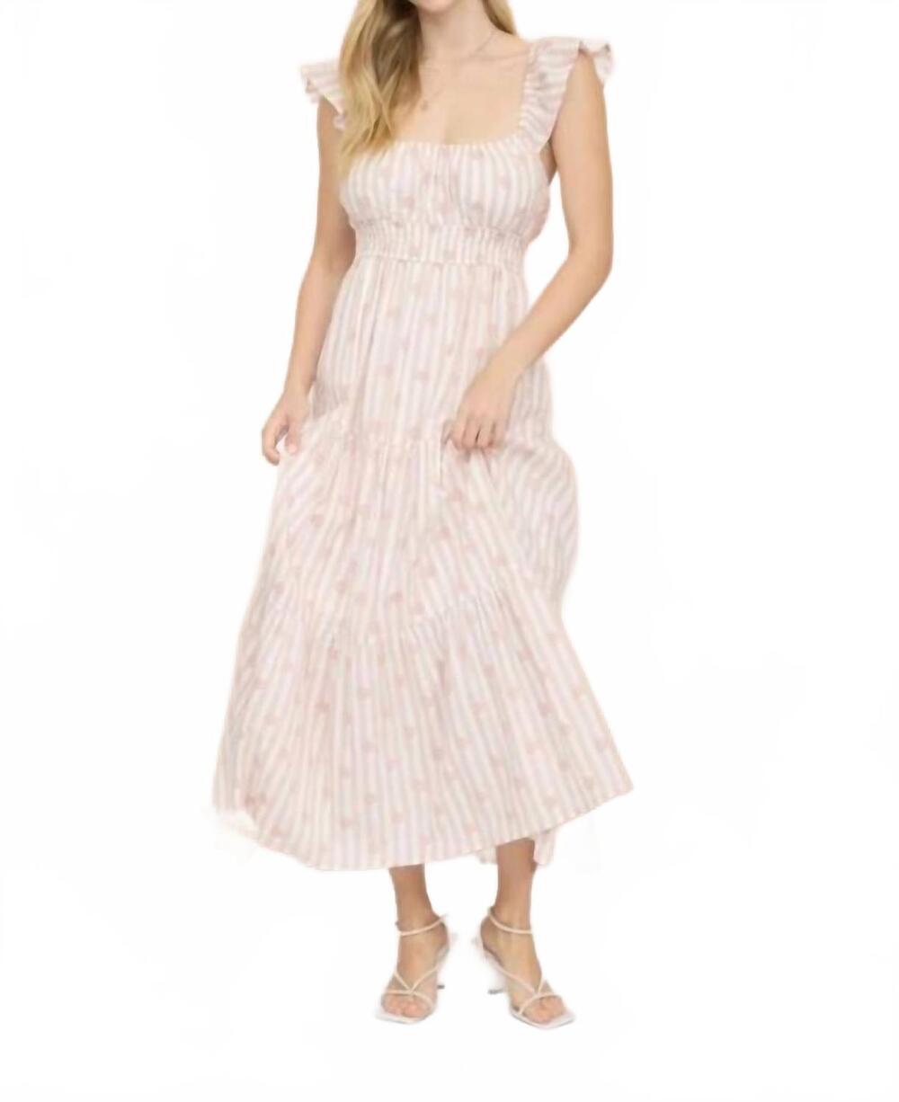 NEW MINE AND E&M stripe floral flounce strap tiered midi dress in khaki
